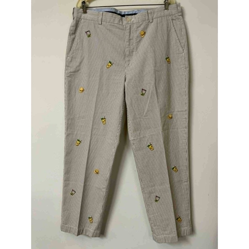 Brooks Brothers Mens 36x30 Clarks Tan White Seersucker Embroidered Chino Pants